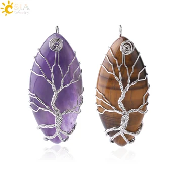 

CSJA Natural Stone Tree of Life Necklaces & Pendants Wire Wrap Chakra Amethysts Opal Black Onyx Pendant ReIki Men Jewelry F831