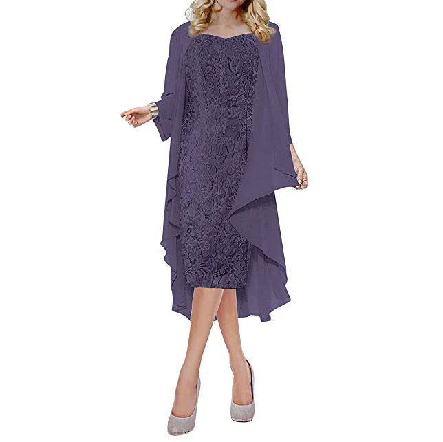 

2019 Tea-Length 2 Pieces Lace Strapes Mother Of The Bride Dress With Chiffon Shawl Madre De La Novia