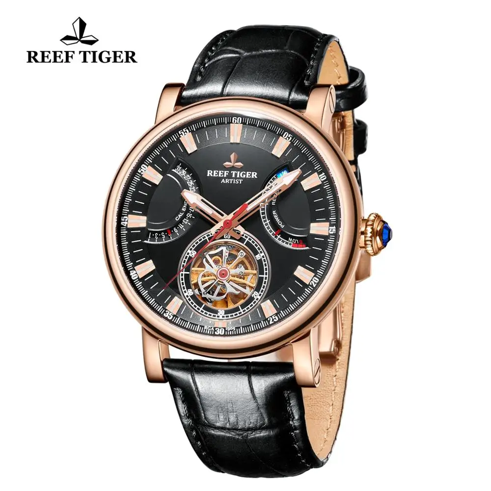  Reef Tiger/RT Automatic Watch for Men Black Dial Leather Strap Watch with Date Day RGA1950