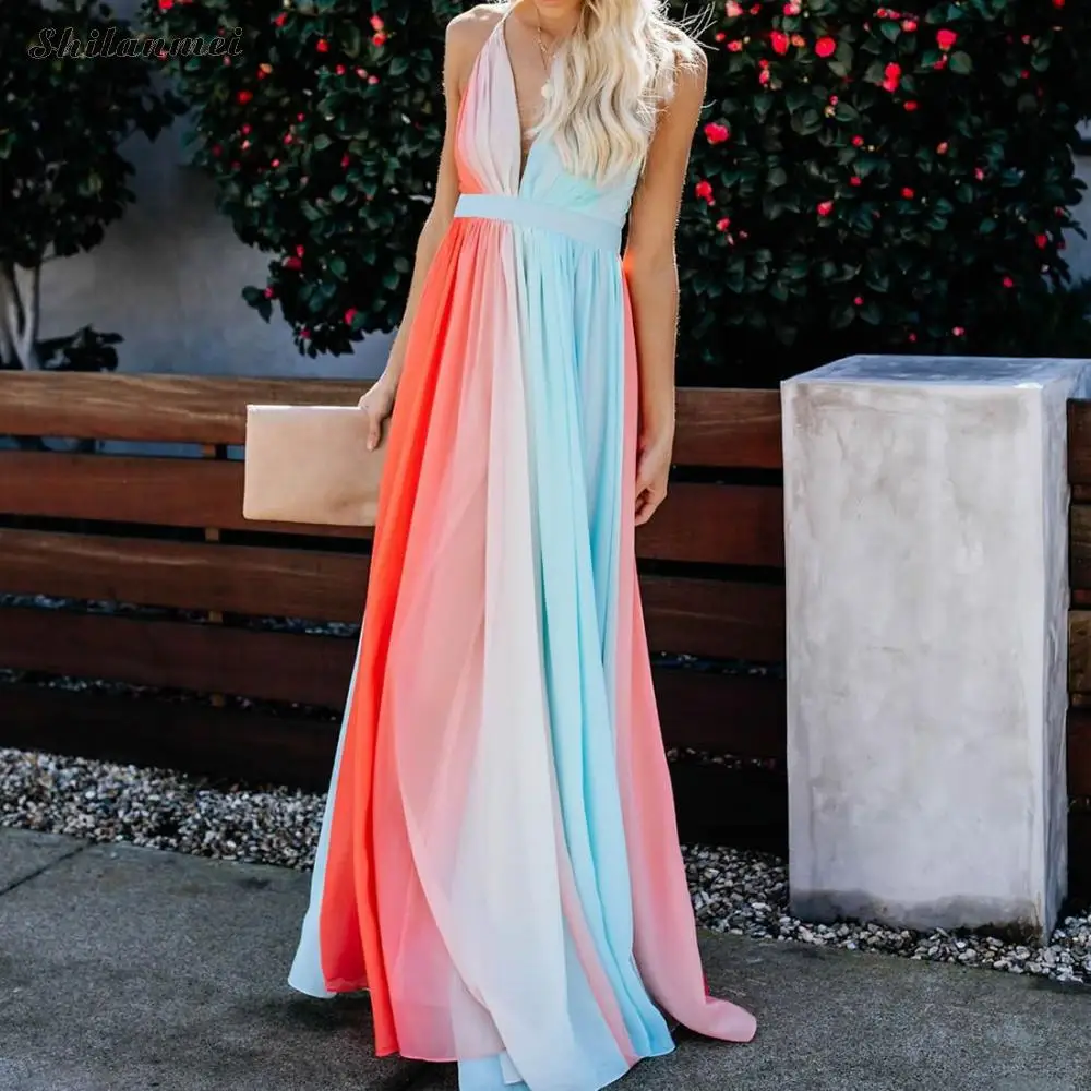 

Boho Gradient Color Long Dress Women Summer Backless V Neck Transformer Multi Way Bandage Dress Beach Wedding Bridesmaid Gown