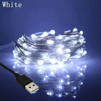 led fairy lights 10M 20M Silver Copper Wire USB String Light outdoor Christmas Tree Wedding Party Decoration Multicolor garland - Испускаемый цвет: white