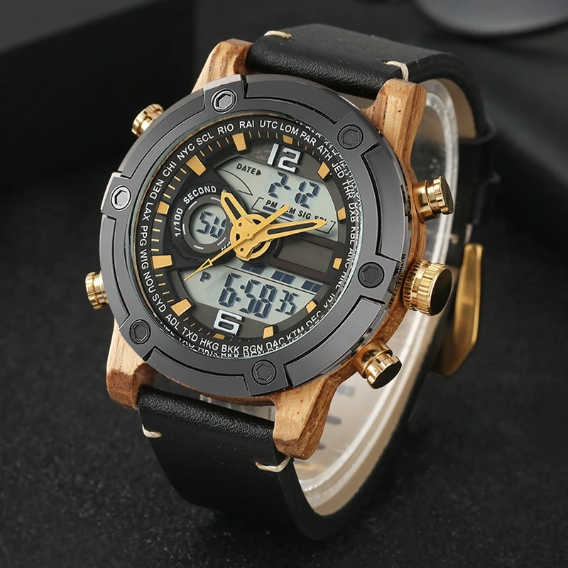 

Mens Ebony Wood Watches Creative Double Multi-function Digital Display Military Watch in Wooden Digital Quartz LED Watch Clocks