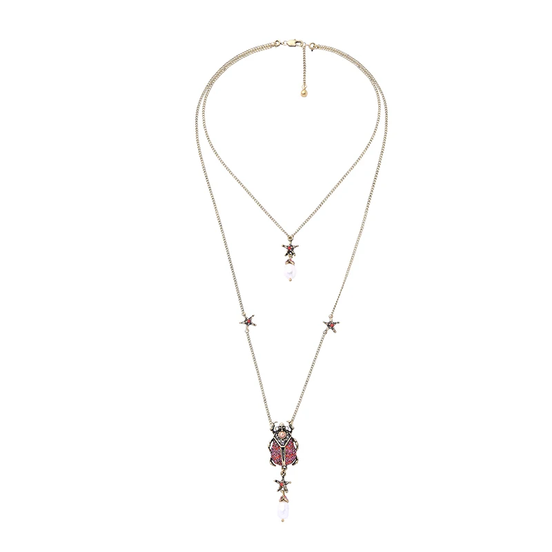 

Ethnic Retro Gold Color Crystal Imitation Pearl Beetle Pendant Necklace For Women Long Choker Necklace Jewelry Accessories