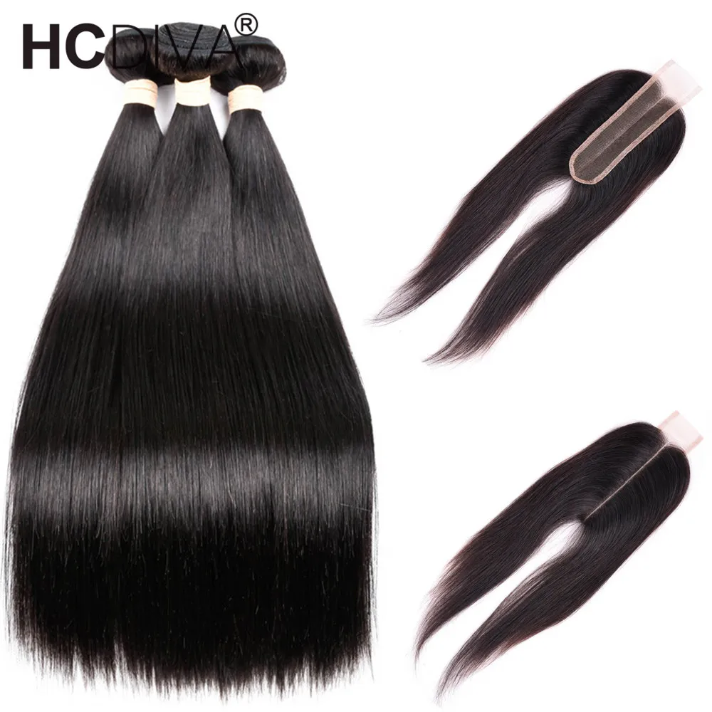 2*6 inch Middle Part Closure With Bundles Brazilian Remy Hair Bundles With Closure 3 Bundles Straight hair With Closure HCDIVA