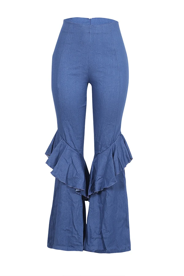 Tsuretobe модные джинсовые брюки-клеш с каскадными рюшами Женские винтажные джинсовые брюки с высокой талией дамские случайный звонок Брюки-клеш - Цвет: BLUE