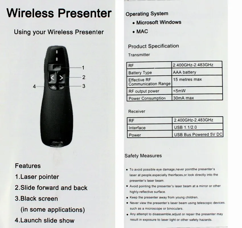 PPT указатель Презентер с красным лазером, 2,4G USB пульт дистанционного управления, блок питания контроллер замена для logitech R400