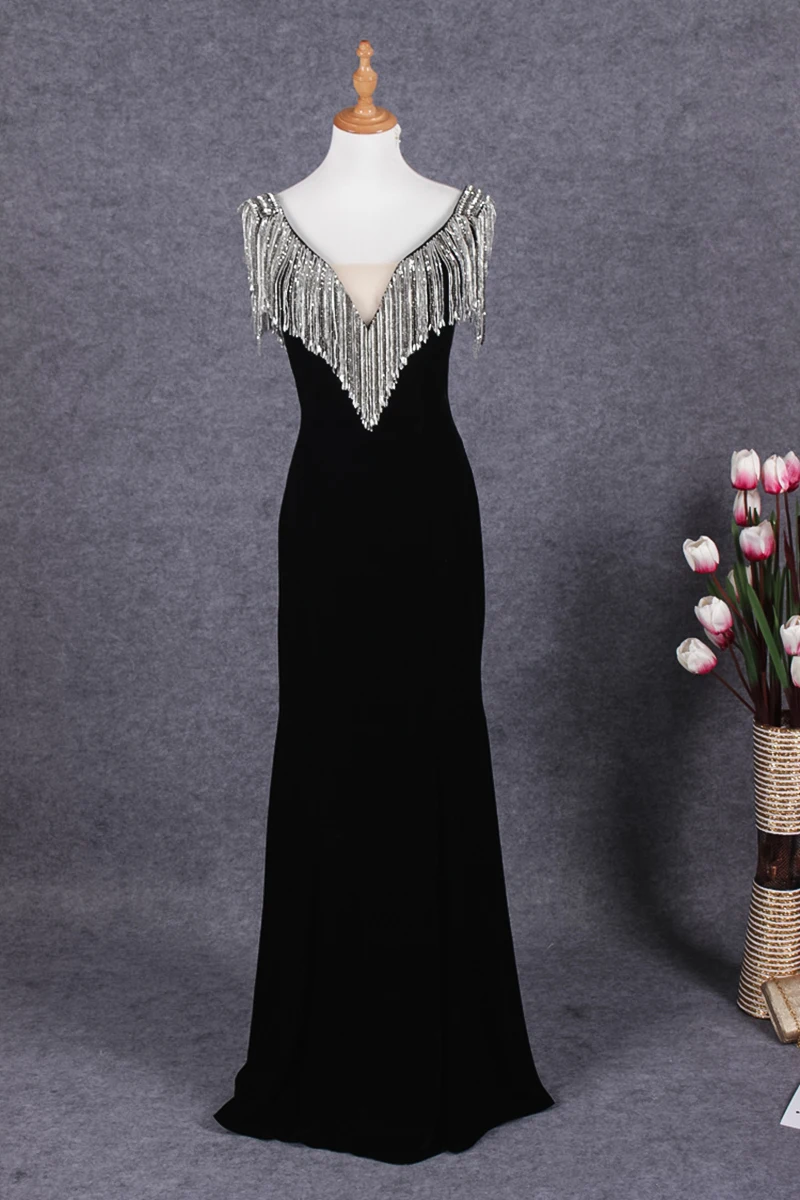 JANCEMBER sukienka wieczorowa с кристаллами и кисточками без рукавов с открытой спиной и v-образным вырезом, со шлейфом, элегантное платье русалки, новый