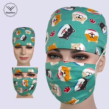 

Beautician dentist surgery cap Akita Dog Print Flat Top Skulls Caps Cotton Surgical Scrub Caps Veterinary Medical Hats Cheap
