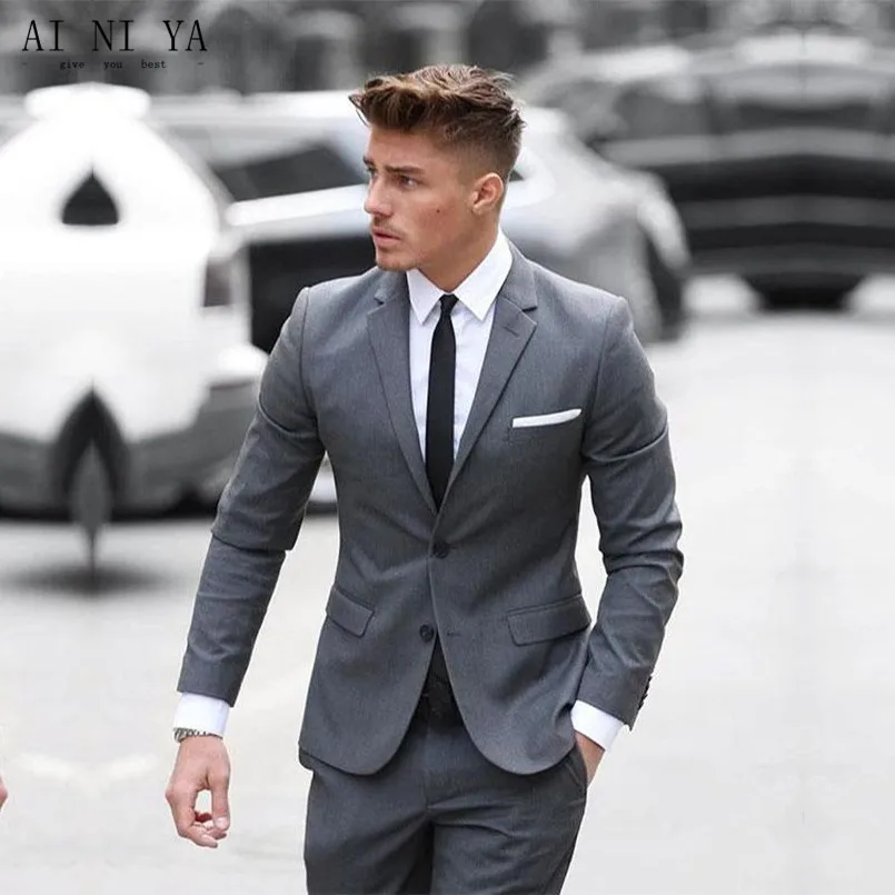 Custom Made 2017 Two Buttom Mens Suits Classic Gray Cotton Blended Formal Business Men's Wedding Suits Slim Fit Groomsmen Tuxedo