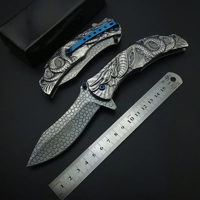 Silvery Demon Evil Dragon Snake Carving 3D Folding Knife with Clip