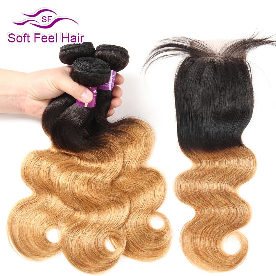 Soft Feel Hair Honey Blonde Ombre Human Hair Bundles With Closure 1B/27 Peruvian Body Wave Bundles With Closure Remy Hair 4 Pcs