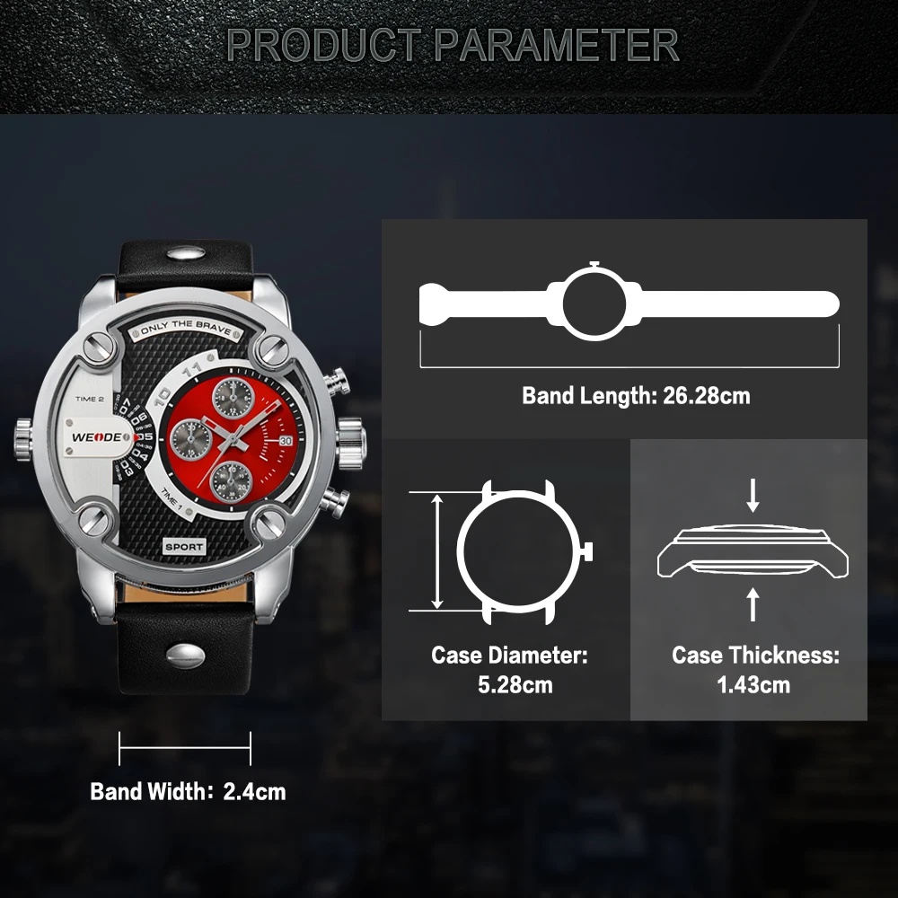  WEIDE Man Luxury Casual Quartz Military Sports Calendar Auto Date Black Leather Strap Alloy Case Re