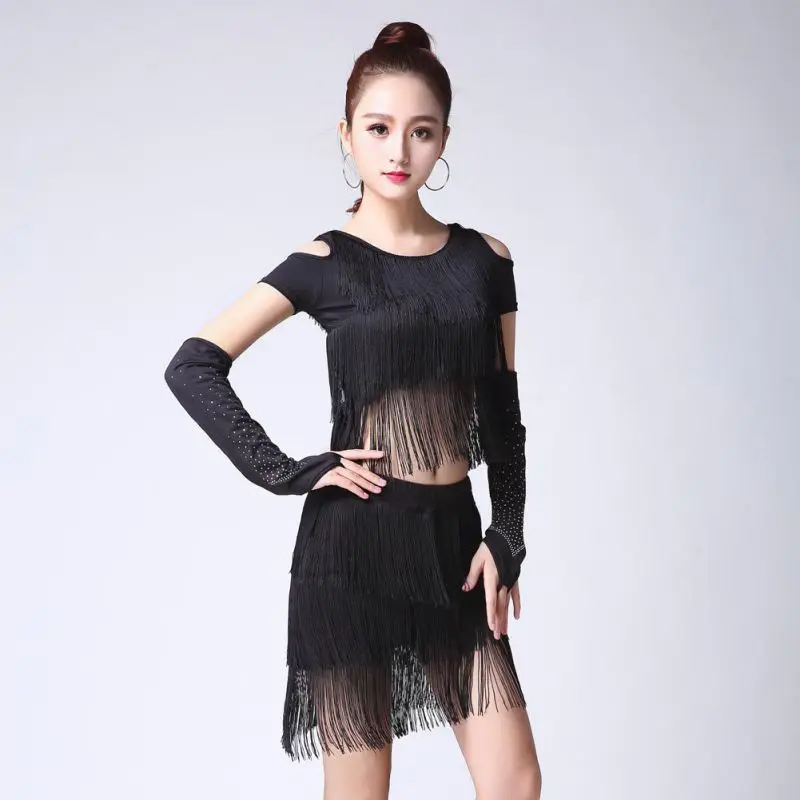 Rhinestone Decor Latin Performance Dance Dress Skirts Cha cha Skirt Mesh Tassel