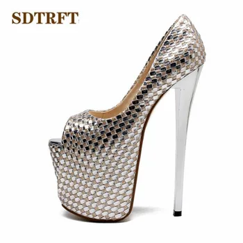 

SDTRFT Stiletto Spring Autumn 19/20cm thin high heels Female wedding Shoes woman Gold Platform party Pumps Plus:34-44 45 46 47