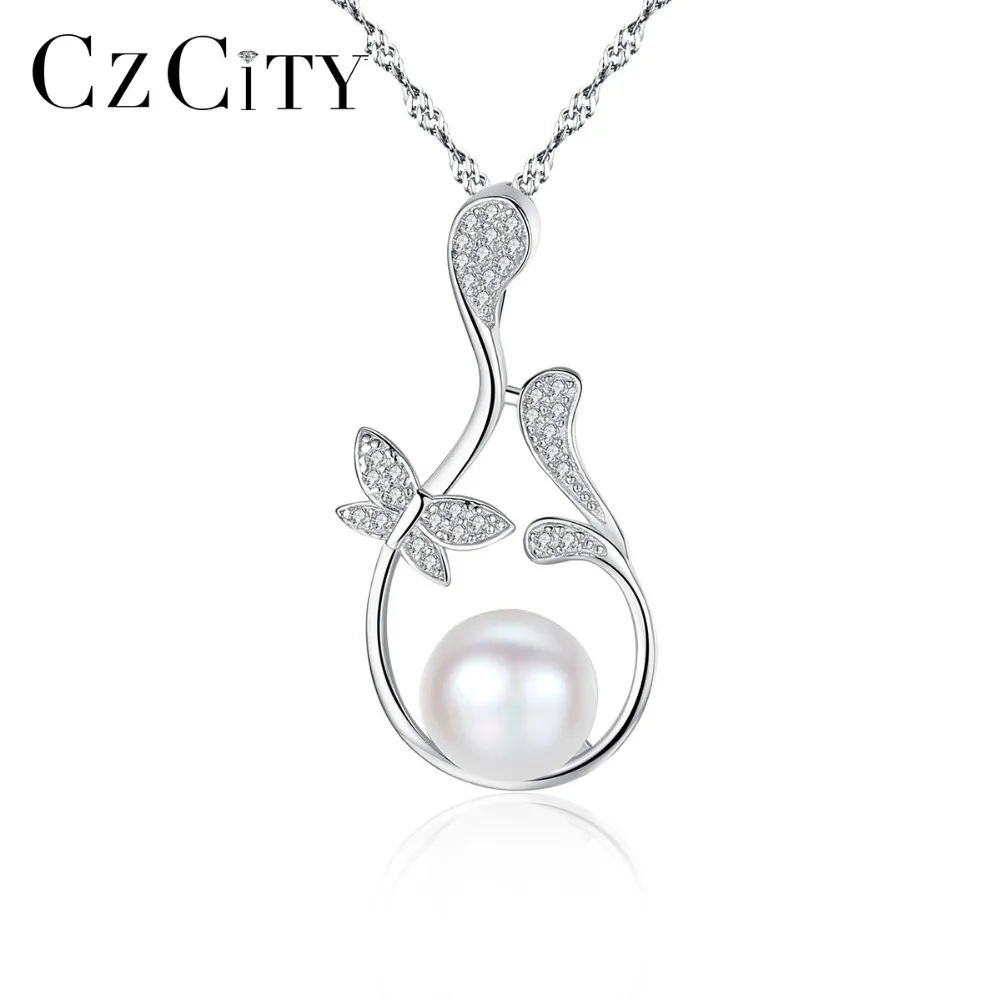 CZCITY Бабочка цветы кулон цепь ожерелье набор украшений с цирконием камень натуральный жемчуг ювелирные изделия ожерелье для женщин свадебный подарок