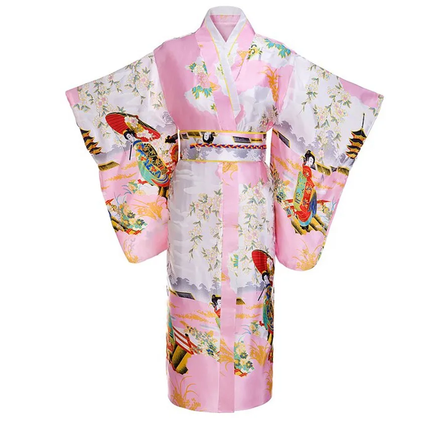 Pink Woman Lady Japanese Tradition Yukata Kimono With Obi Flower Vintage Evening Dress Cosplay Costume One size ZW03