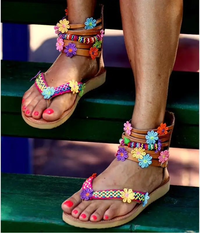 Bohemia/ г., летние модные женские сандалии пляжная обувь на плоской подошве, украшенная цветами из пробкового дерева, сандалии zapatos mujer Sandalias, большой размер 43, H73