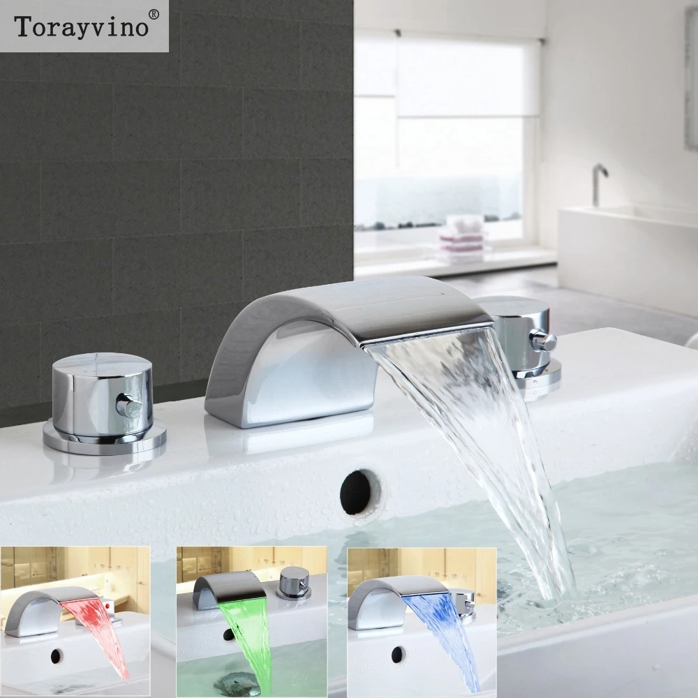 

Torayvino Contemporary LED Chrome Basin Faucet Dual Handle Deck Mounted Ceramic Hot Cold Waterfall Superior Quality Basin Faucet