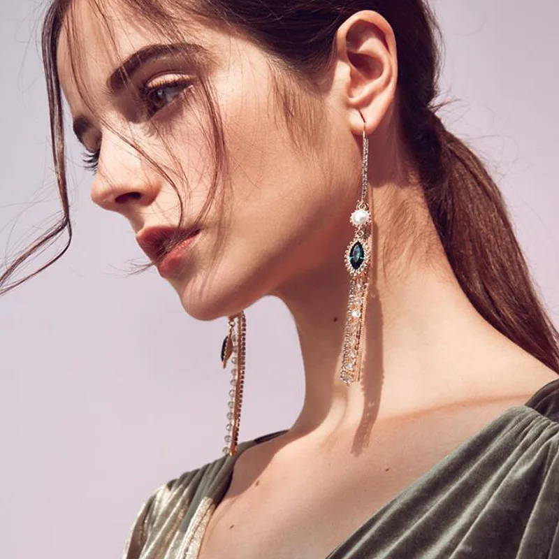 

Rhinestone long fringed Romantic chain earrings fashion jewelry