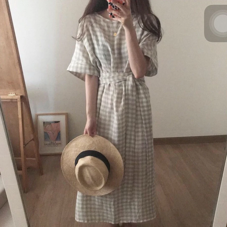 

2019 Summer Korean Version Striped Belt Simple Dress Lady V-Neck Buttoned Slim Fashion Dress Girl Split Hem Casual Robes Girls