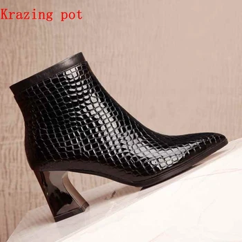

Krazing Pot microfiber patterns leather ankle boots handmade 7cm high heels European pointed toe warm fashion ankle boots L1f1