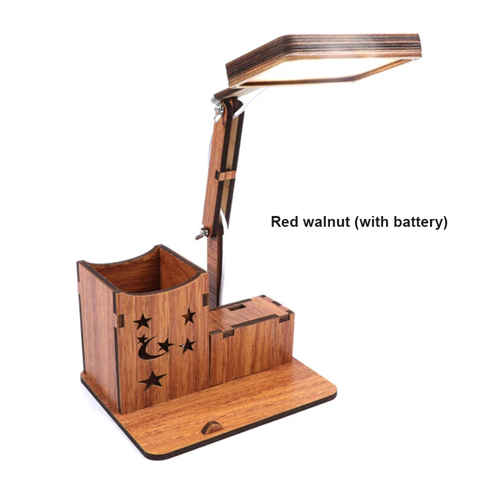 Rechargeable Wooden LED Desk Lamp with Brush Pot& Phone Holder Base Vintage Deco Dimmer Study Table Lamps for the Bedroom - Цвет корпуса: Red with Battery