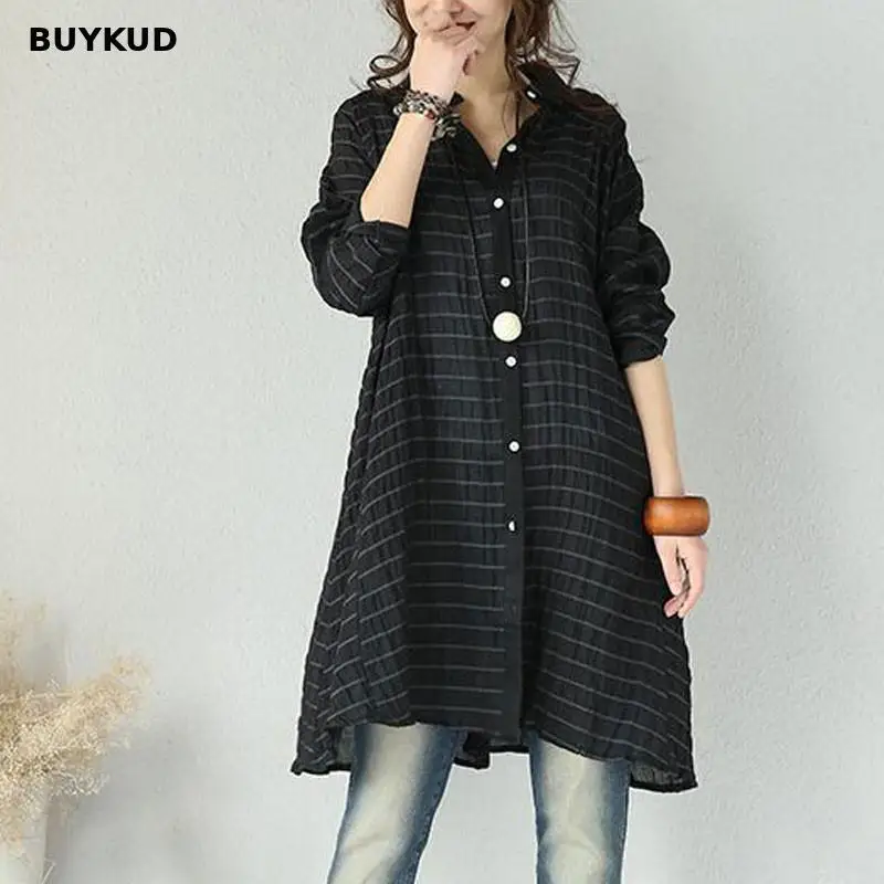 BUYKUD Cotton Linen Striped Shirt Women Loose Long Casual