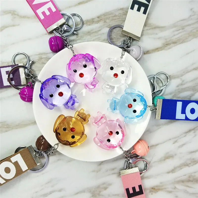 Crystal Puppy Dog With Bell Key Chain For Women With Wrist Strap 6 Colors Cute Car Bag Key Ring Accessories Gifts