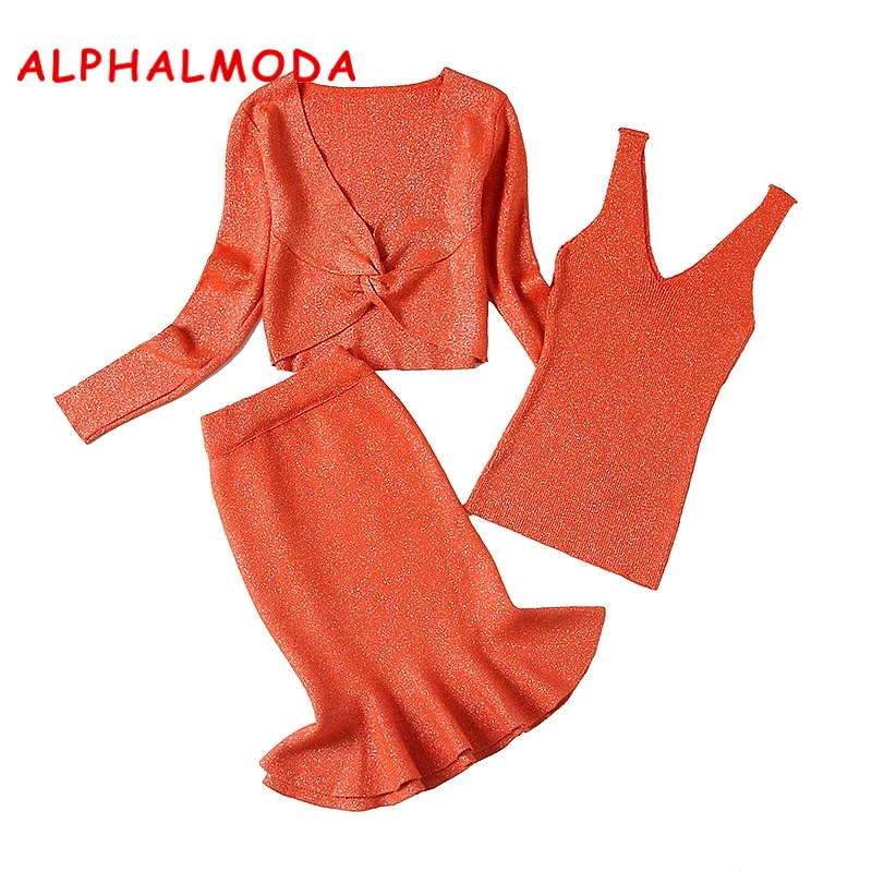 

ALPHALMODA 2018 New OL Graceful Shining Knitting 3pcs Suits Twist Jacket + Tank Top + Mermaid Skirt Women Quality Clothing Sets