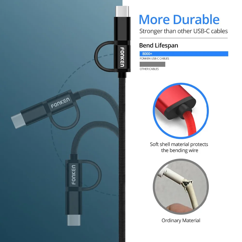 FONKEN Micro usb type C USB кабель 2 в 1 двойной USB разъем для зарядки телефона шнур type-C зарядка для мобильных телефонов Android кабели