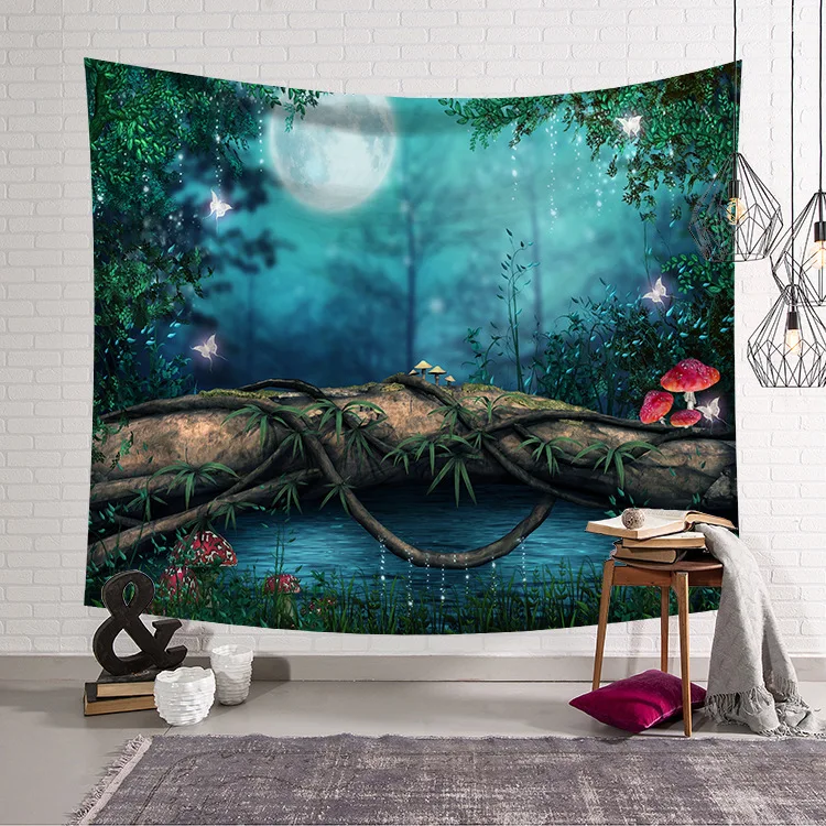 

CAMMITEVER Blue Green Woods Forest Natural Scenic Tapestry Beautiful Sight Printed Wall Hanging Tree Natural Scenery Tapestry