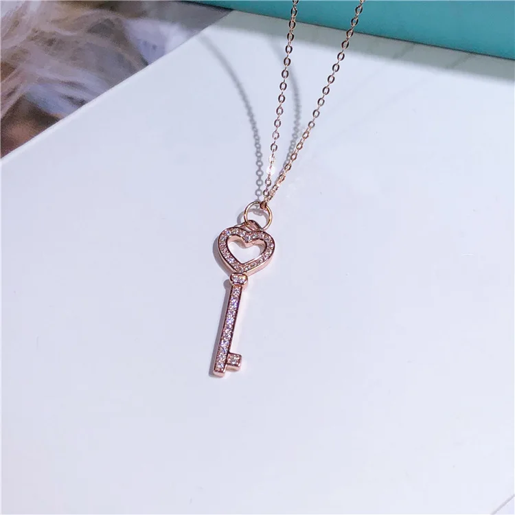 Модный сверкающий циркониевый в форме сердца, подвеска в виде ключа, настоящее 925 пробы, серебряная цепочка, ожерелье, романтическое Женское Ожерелье