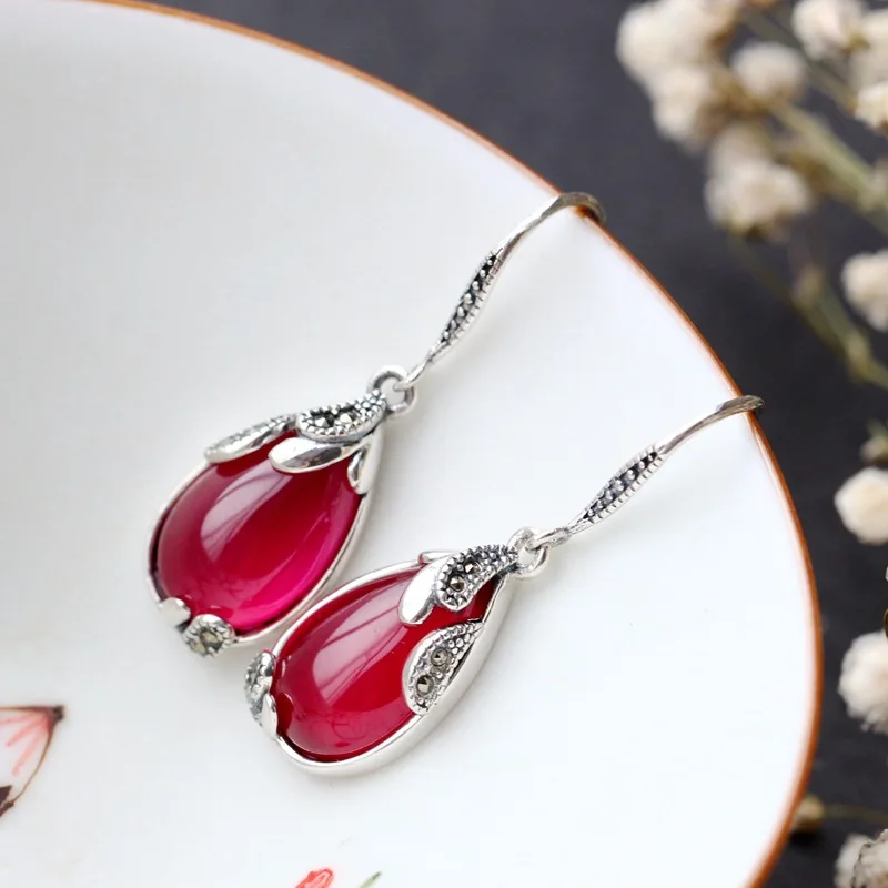

silver Manually set the red corundum 925 sterling silver earrings Ms retro droplets Thai silver earrings