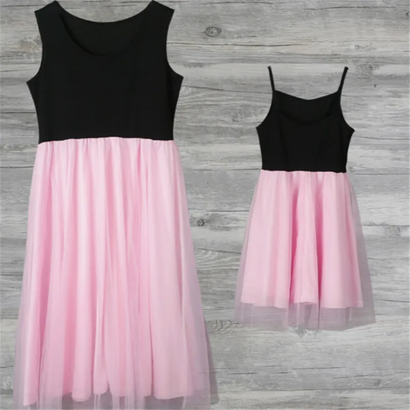 

Mother & Daughter Family Matching Party Tulle Dress Sleeveless Summer Women Girls Mini Dress Family Clothes Black & Pink S-XXXL