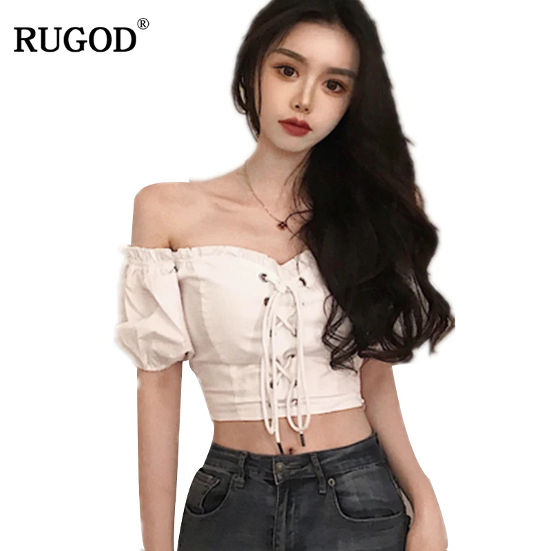 

RUGOD 2019 New Summer Vintage Style Sweet Ruffles Sexy Off the shoulder Short Cute Puff Sleeve High Waist lace-up Women blouses
