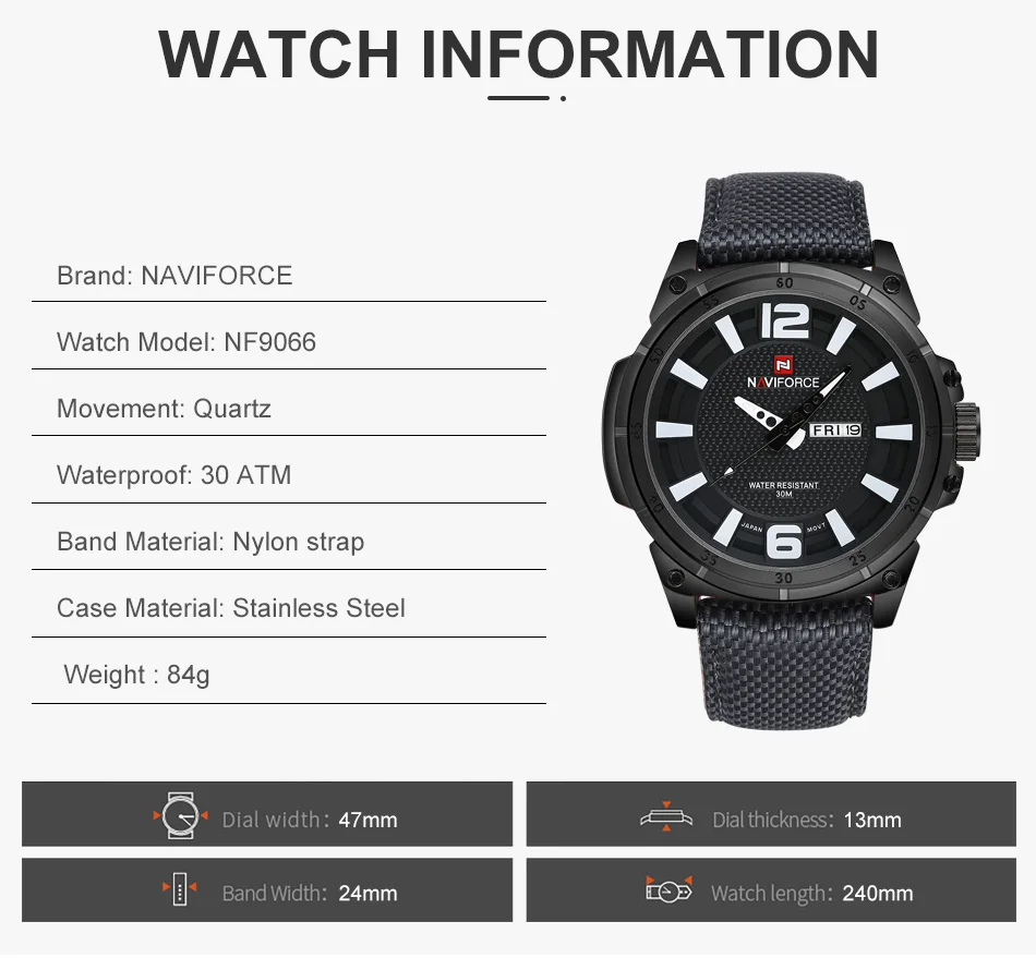 NAVIFORCE Mens Watches Top Brand Luxury Men Fashion Business Quartz Watch Male Nylon Strap Wristwatch with Date and Week Display