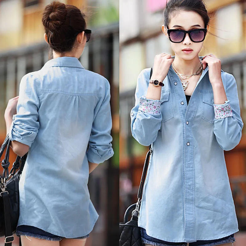 2014 Hot Fashion Plus Size Medium-Long Blue Casual Denim Shirt Trun-Down Collar Large Women BlouseShipping |
