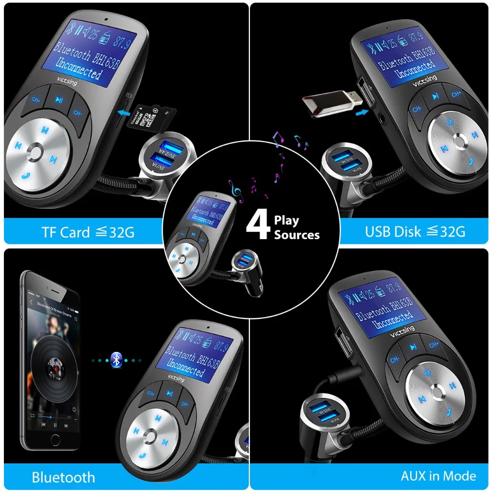 VicTsing Bluetooth беспроводной автомобильный комплект fm-передатчик Hands-free радио аудио адаптер двойной USB зарядное устройство FM модулятор AUX вход/выход