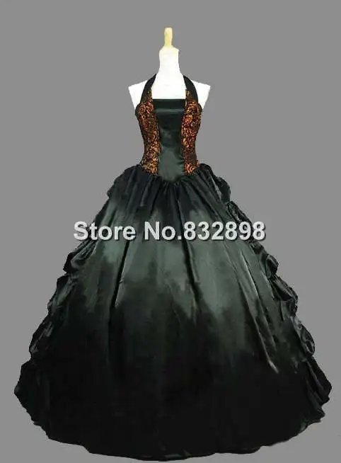 

Black & Brown Satin Brocade Sleeveless Halter Gothic Victorian Dress