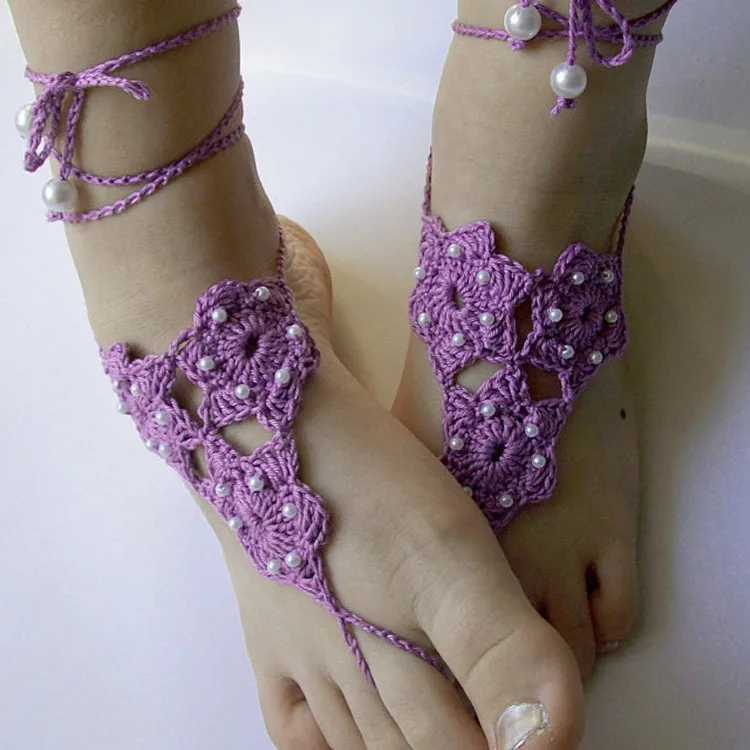 Вязаные босоножки свадебные ножные браслеты пляжные браслеты на ногу ОБУВЬ ЖЕМЧУЖНЫЙ орнамент синий фиолетовый ножной браслет