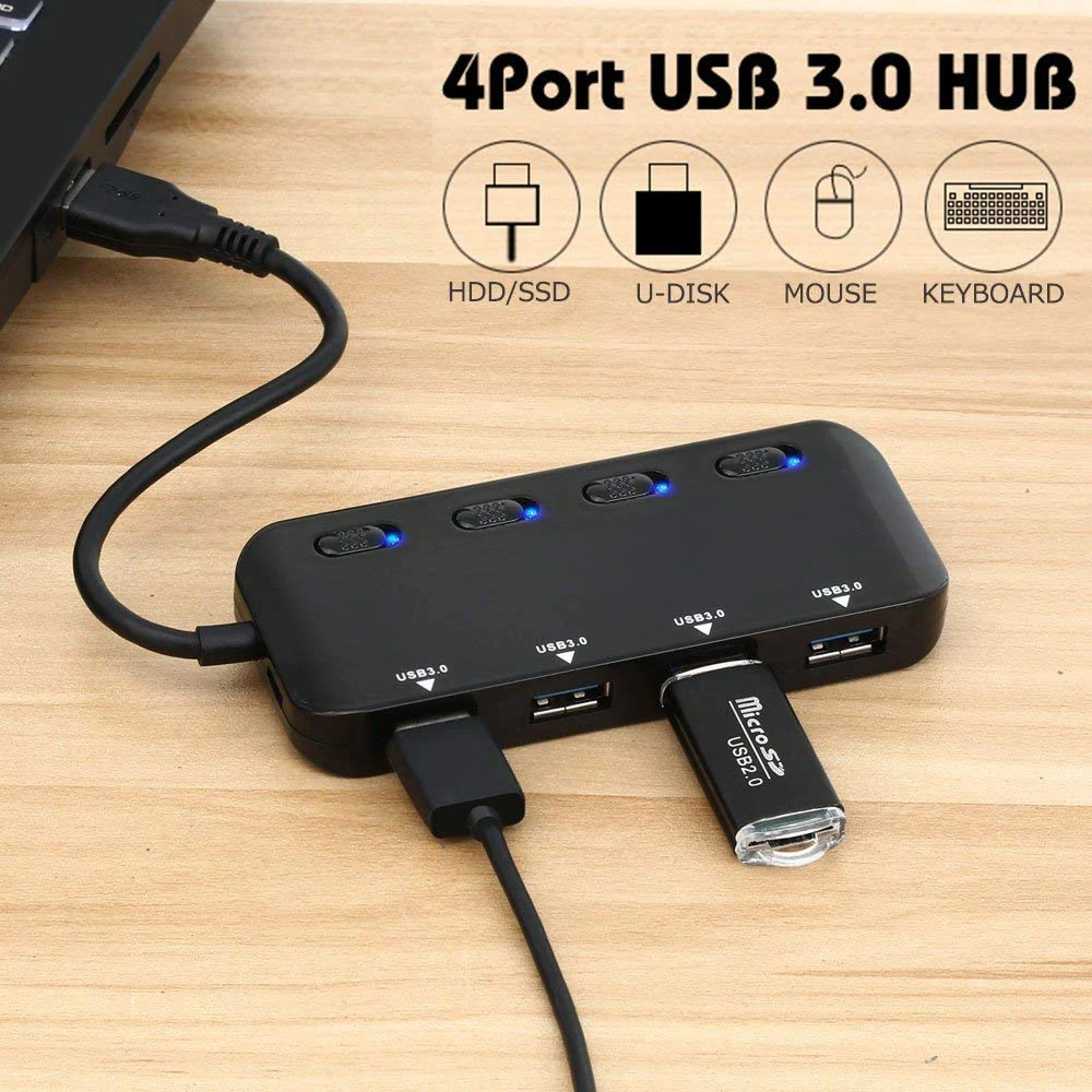 Ультра-тонкий 4-Порты и разъёмы USB 3,0 данных концентратор с индивидуальным включения/Выкл светодиодный Мощность переключатели Совместимость с ОС Windows, Mac OS, Linux OS