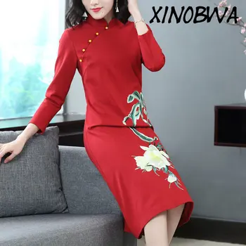 

2020 Spring New Retrospective Wind Collar Clasp Heavy Industry Embroidered Waist Improved Cheongsam Dress Ladis Elegant Dress