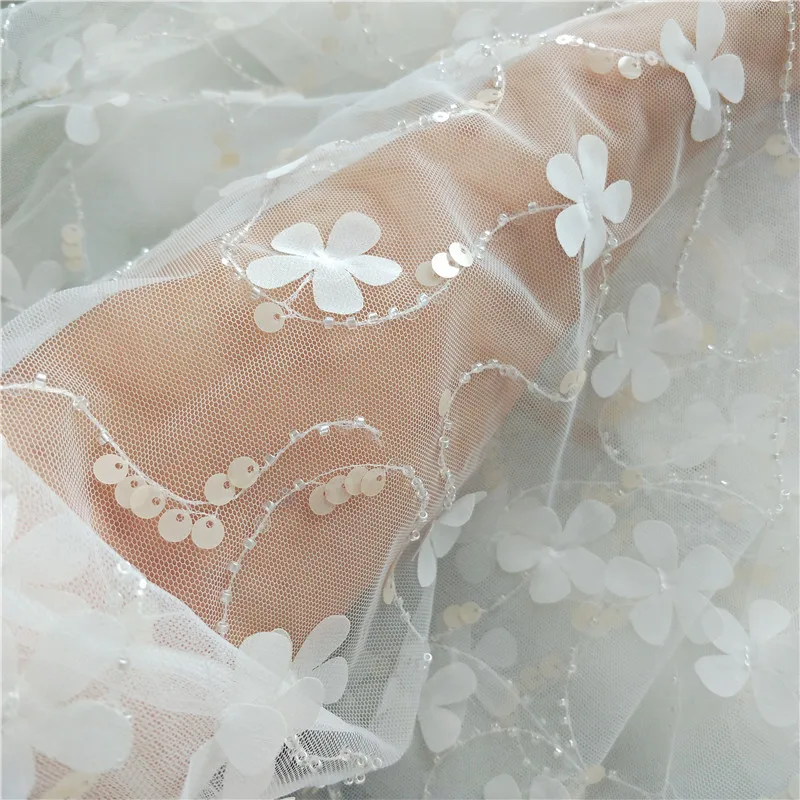 

Beads+Sequins+Appliques off white tulle mesh embroidered lace fabric 1 Yard! Girls dress, cape, gowns lace beaded lace nice!