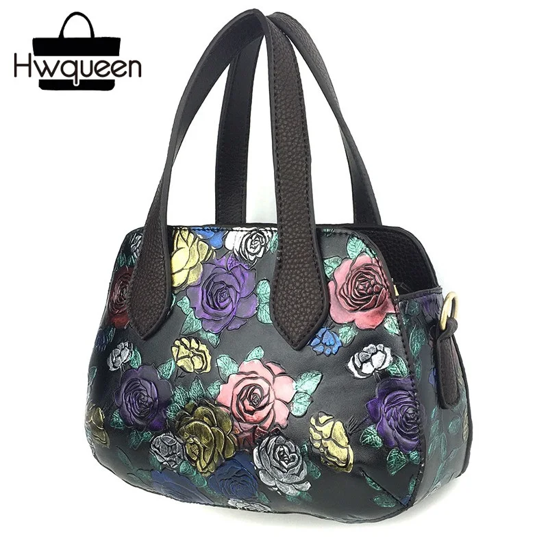 

Embossed Designer Vintage Cow Skin Small Floral Basket Handbag Genuine Leather Women's Top-handle Flower Purse Lady Shoulder Bag