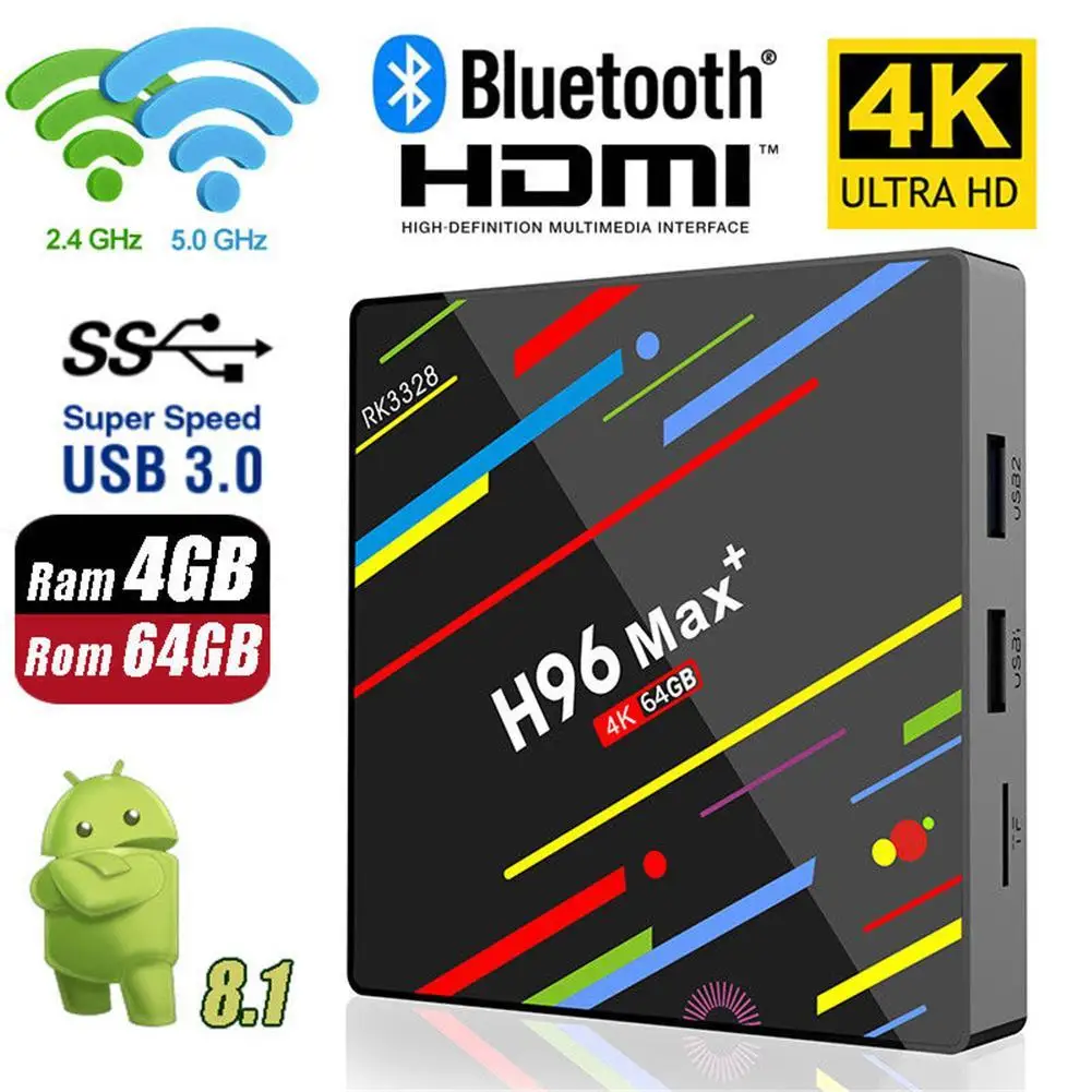 

H96 MAX Plus TV Box Android 8.1 4gm ram 64gb Rockchip RK3328 USB3.0 H.265 4K Youtube Netflix Google Play Smart TV H96MAX