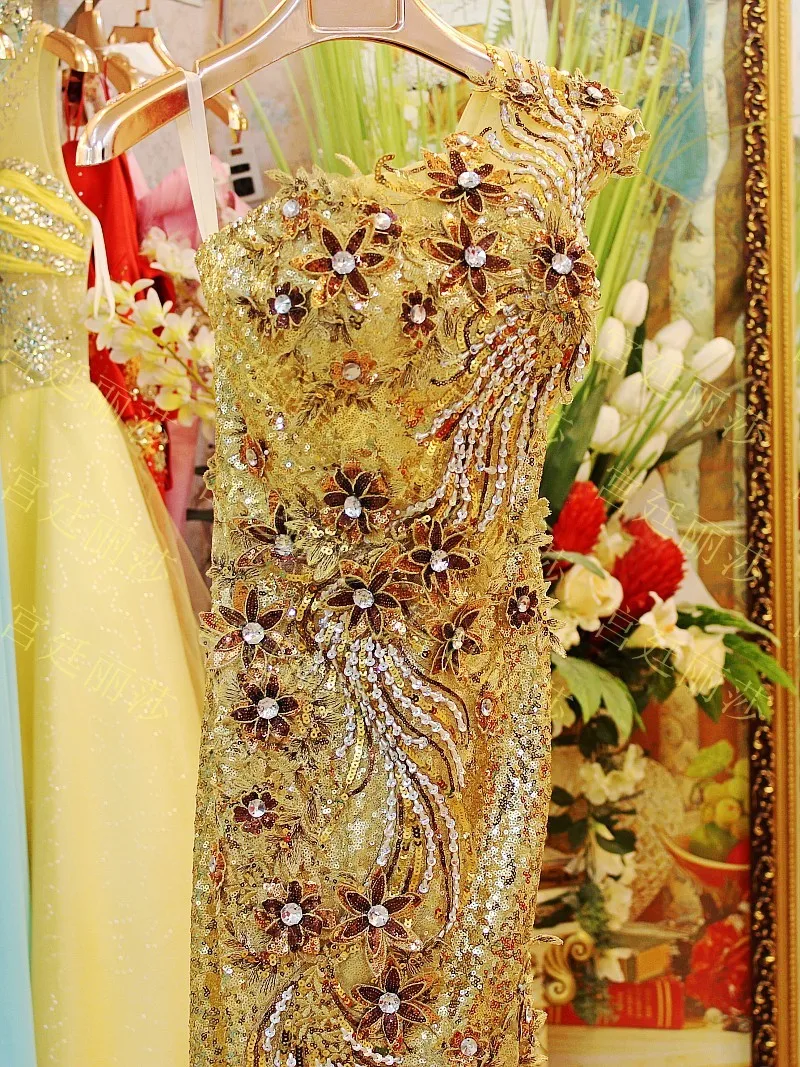Роскошное Хрустальное корейское платье свадебный тост вечернее платье на одно плечо Бандажное золотистое желтое платье
