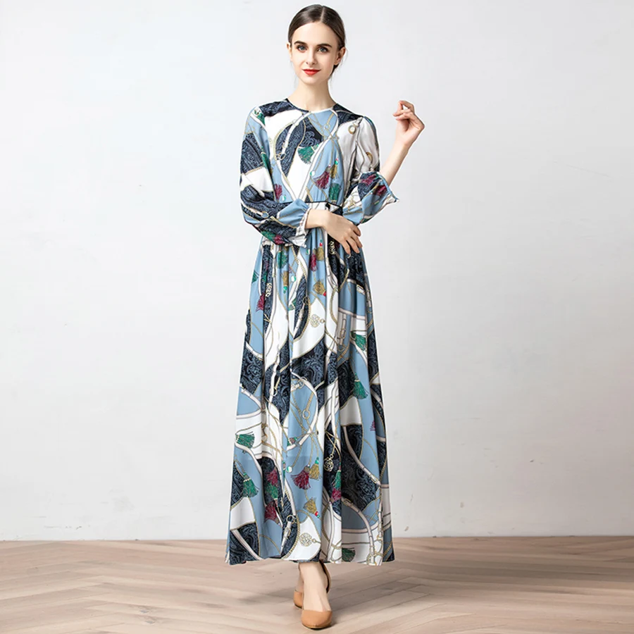 

VERDEJULIAY Runway Designer Summer Dresses Women 2019 Fashion New Autumn Full Lantern Sleeve Flower Print Long Dress Vestidos
