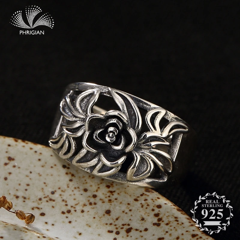 

NOT FAKE S925 Fine Jewelry Ring 925 Sterling Silver Women Handmade Vintage Natural Retro Semi Gemstone Thai big flower black