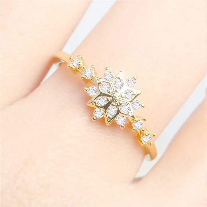 

2018 Fashion Simple Gold Color Snowflake & Cubic Zirconia Rings For Women Copper Zircon Wedding Ring Jewelry Full Size Bijoux S3