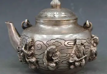 

Chinese Folk White Copper Silver Eight Immortals Flagon Kettle Teapot wine pot